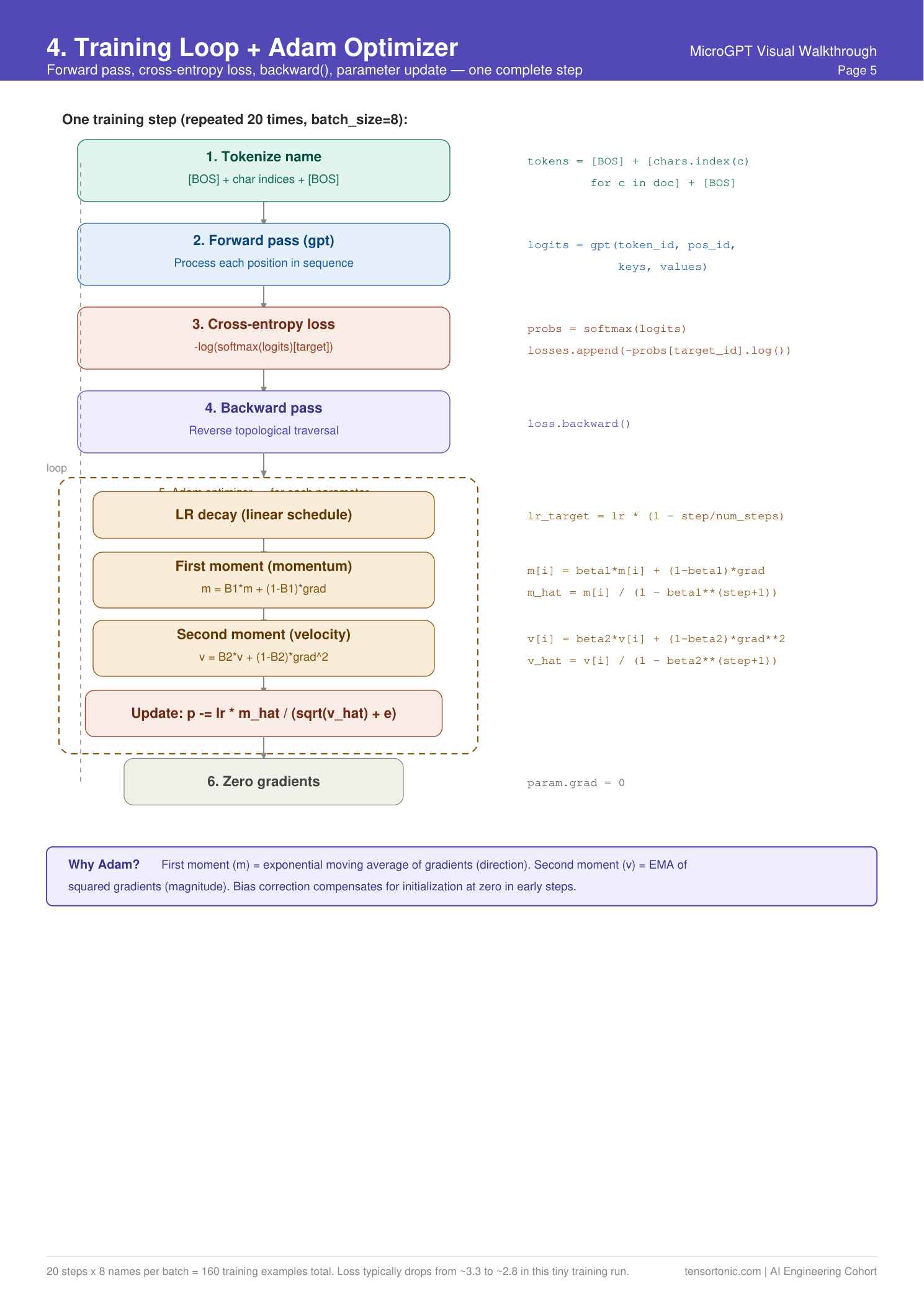 Training loop - tokenize, forward pass, cross-entropy loss, backward pass, Adam optimizer update, zero gradients